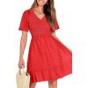 imageBTFBM Womens Beach Vacation Dress V Neck Short Sleeve Smocked Swiss Dot Casual Ruffle Mini Spring Summer Dresses 2025Red