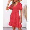 imageBTFBM Womens Beach Vacation Dress V Neck Short Sleeve Smocked Swiss Dot Casual Ruffle Mini Spring Summer Dresses 2025Red