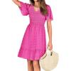 imageBTFBM Womens Beach Vacation Dress V Neck Short Sleeve Smocked Swiss Dot Casual Ruffle Mini Spring Summer Dresses 2025Rose Red