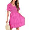 imageBTFBM Womens Beach Vacation Dress V Neck Short Sleeve Smocked Swiss Dot Casual Ruffle Mini Spring Summer Dresses 2025Rose Red