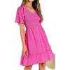 imageBTFBM Womens Beach Vacation Dress V Neck Short Sleeve Smocked Swiss Dot Casual Ruffle Mini Spring Summer Dresses 2025Rose Red