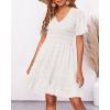 imageBTFBM Womens Beach Vacation Dress V Neck Short Sleeve Smocked Swiss Dot Casual Ruffle Mini Spring Summer Dresses 2025White