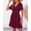 imageBTFBM Womens Beach Vacation Dress V Neck Short Sleeve Smocked Swiss Dot Casual Ruffle Mini Spring Summer Dresses 2025Wine Red