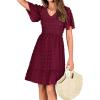 imageBTFBM Womens Beach Vacation Dress V Neck Short Sleeve Smocked Swiss Dot Casual Ruffle Mini Spring Summer Dresses 2025Wine Red