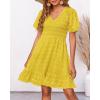 imageBTFBM Womens Beach Vacation Dress V Neck Short Sleeve Smocked Swiss Dot Casual Ruffle Mini Spring Summer Dresses 2025Yellow
