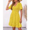 imageBTFBM Womens Beach Vacation Dress V Neck Short Sleeve Smocked Swiss Dot Casual Ruffle Mini Spring Summer Dresses 2025Yellow