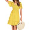 imageBTFBM Womens Beach Vacation Dress V Neck Short Sleeve Smocked Swiss Dot Casual Ruffle Mini Spring Summer Dresses 2025Yellow
