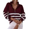 imageBTFBM Women 2025 Casual Long Sleeve Zip Striped Pullover Sweaters V Neck Collar Ribbed Knit Fall Winter Slouchy JumpersStriped Wine Red