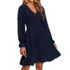 imageBTFBM Women Smocked Short Dress V Neck Long Sleeve Casual Swiss Dot Ruffle Chiffon Flowy Mini Summer Spring Dresses 2025Navy