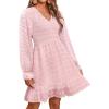 imageBTFBM Women Smocked Short Dress V Neck Long Sleeve Casual Swiss Dot Ruffle Chiffon Flowy Mini Summer Spring Dresses 2025Pink