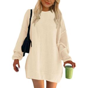 imageBTFBM 2025 Womens Sweaters Casual Crewneck Long Sleeve Oversized Sweater Dress Fall Winter Loose Slouchy Soft PulloverSolid Beige