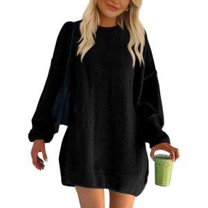 imageBTFBM 2025 Womens Sweaters Casual Crewneck Long Sleeve Oversized Sweater Dress Fall Winter Loose Slouchy Soft PulloverSolid Black