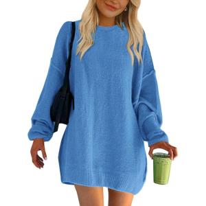 imageBTFBM 2025 Womens Sweaters Casual Crewneck Long Sleeve Oversized Sweater Dress Fall Winter Loose Slouchy Soft PulloverSolid Blue