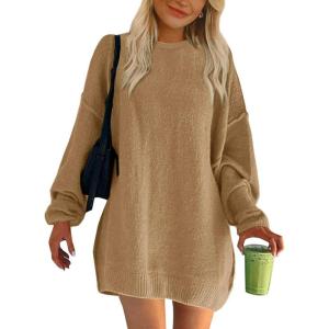 imageBTFBM 2025 Womens Sweaters Casual Crewneck Long Sleeve Oversized Sweater Dress Fall Winter Loose Slouchy Soft PulloverSolid Khaki