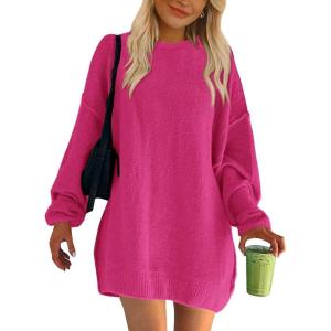 imageBTFBM 2025 Womens Sweaters Casual Crewneck Long Sleeve Oversized Sweater Dress Fall Winter Loose Slouchy Soft PulloverSolid Rose Red