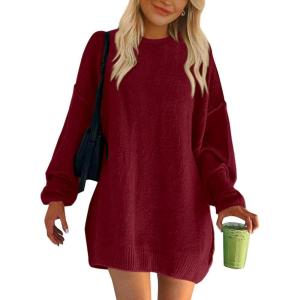 imageBTFBM 2025 Womens Sweaters Casual Crewneck Long Sleeve Oversized Sweater Dress Fall Winter Loose Slouchy Soft PulloverSolid Wine Red