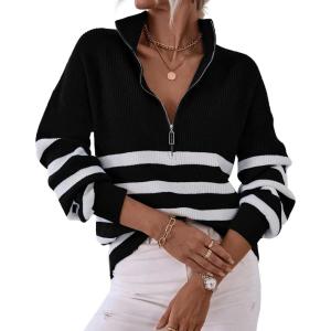 imageBTFBM Women 2025 Casual Long Sleeve Zip Striped Pullover Sweaters V Neck Collar Ribbed Knit Fall Winter Slouchy JumpersStriped Black