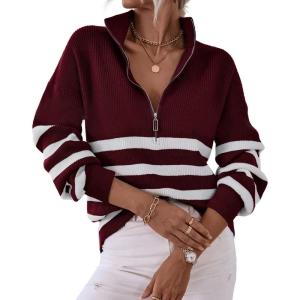 imageBTFBM Women 2025 Casual Long Sleeve Zip Striped Pullover Sweaters V Neck Collar Ribbed Knit Fall Winter Slouchy JumpersStriped Wine Red