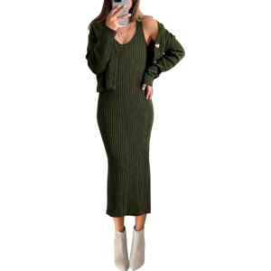 imageBTFBM Women Fall Knit Sweater Dress Set Bodycon Slit Midi Dresses Button Down Long Sleeve Cropped Cardigan 2 Piece SetsArmy Green