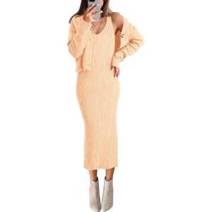 imageBTFBM Women Fall Knit Sweater Dress Set Bodycon Slit Midi Dresses Button Down Long Sleeve Cropped Cardigan 2 Piece SetsBeige