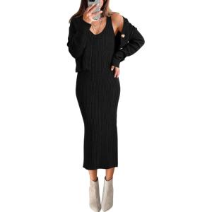 imageBTFBM Women Fall Knit Sweater Dress Set Bodycon Slit Midi Dresses Button Down Long Sleeve Cropped Cardigan 2 Piece SetsBlack