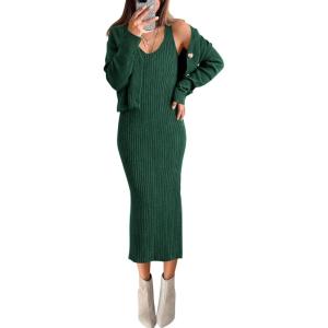 imageBTFBM Women Fall Knit Sweater Dress Set Bodycon Slit Midi Dresses Button Down Long Sleeve Cropped Cardigan 2 Piece SetsDark Green