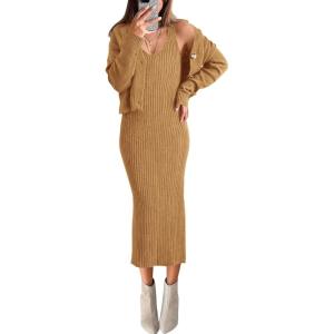 imageBTFBM Women Fall Knit Sweater Dress Set Bodycon Slit Midi Dresses Button Down Long Sleeve Cropped Cardigan 2 Piece SetsKhaki