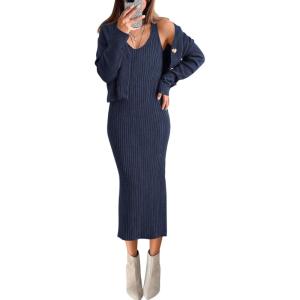 imageBTFBM Women Fall Knit Sweater Dress Set Bodycon Slit Midi Dresses Button Down Long Sleeve Cropped Cardigan 2 Piece SetsNavy