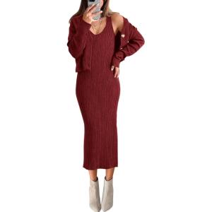 imageBTFBM Women Fall Knit Sweater Dress Set Bodycon Slit Midi Dresses Button Down Long Sleeve Cropped Cardigan 2 Piece SetsWine Red