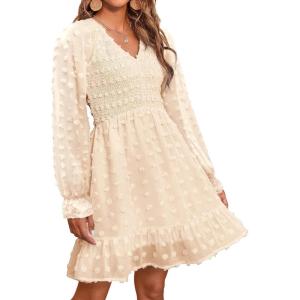 imageBTFBM Women Smocked Short Dress V Neck Long Sleeve Casual Swiss Dot Ruffle Chiffon Flowy Mini Summer Spring Dresses 2025Apricot