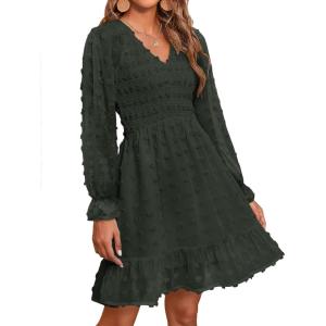 imageBTFBM Women Smocked Short Dress V Neck Long Sleeve Casual Swiss Dot Ruffle Chiffon Flowy Mini Summer Spring Dresses 2025Army Green