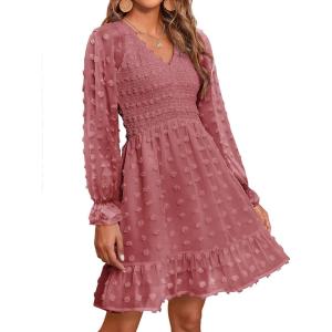 imageBTFBM Women Smocked Short Dress V Neck Long Sleeve Casual Swiss Dot Ruffle Chiffon Flowy Mini Summer Spring Dresses 2025Bean Paste Red
