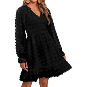imageBTFBM Women Smocked Short Dress V Neck Long Sleeve Casual Swiss Dot Ruffle Chiffon Flowy Mini Summer Spring Dresses 2025Black