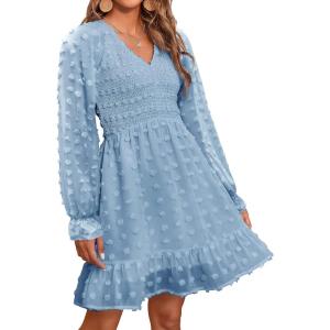imageBTFBM Women Smocked Short Dress V Neck Long Sleeve Casual Swiss Dot Ruffle Chiffon Flowy Mini Summer Spring Dresses 2025Blue