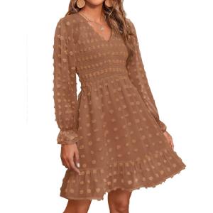 imageBTFBM Women Smocked Short Dress V Neck Long Sleeve Casual Swiss Dot Ruffle Chiffon Flowy Mini Summer Spring Dresses 2025Khaki