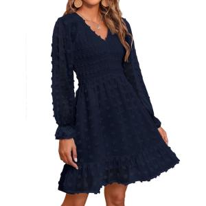 imageBTFBM Women Smocked Short Dress V Neck Long Sleeve Casual Swiss Dot Ruffle Chiffon Flowy Mini Summer Spring Dresses 2025Navy