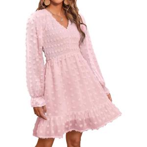 imageBTFBM Women Smocked Short Dress V Neck Long Sleeve Casual Swiss Dot Ruffle Chiffon Flowy Mini Summer Spring Dresses 2025Pink