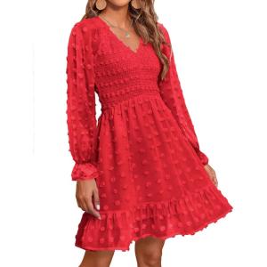 imageBTFBM Women Smocked Short Dress V Neck Long Sleeve Casual Swiss Dot Ruffle Chiffon Flowy Mini Summer Spring Dresses 2025Red