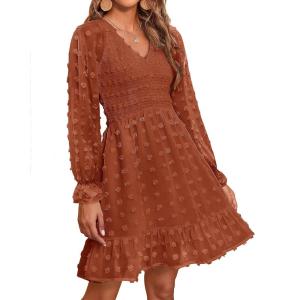 imageBTFBM Women Smocked Short Dress V Neck Long Sleeve Casual Swiss Dot Ruffle Chiffon Flowy Mini Summer Spring Dresses 2025Red Brown