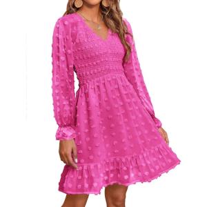imageBTFBM Women Smocked Short Dress V Neck Long Sleeve Casual Swiss Dot Ruffle Chiffon Flowy Mini Summer Spring Dresses 2025Rose Red