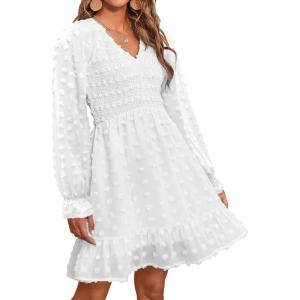 imageBTFBM Women Smocked Short Dress V Neck Long Sleeve Casual Swiss Dot Ruffle Chiffon Flowy Mini Summer Spring Dresses 2025White