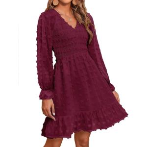 imageBTFBM Women Smocked Short Dress V Neck Long Sleeve Casual Swiss Dot Ruffle Chiffon Flowy Mini Summer Spring Dresses 2025Wine Red