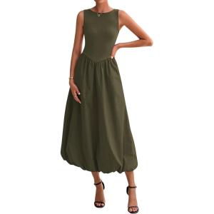 imageBTFBM Womens 2025 Summer Casual Sleeveless Midi Dress Patchwork Knit Tank Bubble Long Flowy Beach Maxi Sundress PocketsArmy Green