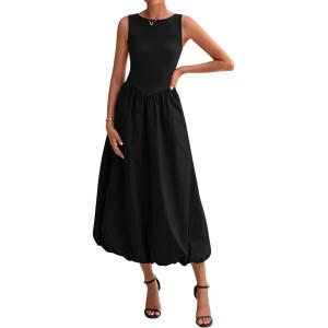 imageBTFBM Womens 2025 Summer Casual Sleeveless Midi Dress Patchwork Knit Tank Bubble Long Flowy Beach Maxi Sundress PocketsBlack
