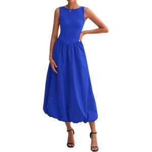 imageBTFBM Womens 2025 Summer Casual Sleeveless Midi Dress Patchwork Knit Tank Bubble Long Flowy Beach Maxi Sundress PocketsBlue