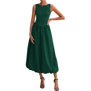 imageBTFBM Womens 2025 Summer Casual Sleeveless Midi Dress Patchwork Knit Tank Bubble Long Flowy Beach Maxi Sundress PocketsDark Green