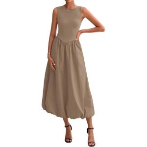 imageBTFBM Womens 2025 Summer Casual Sleeveless Midi Dress Patchwork Knit Tank Bubble Long Flowy Beach Maxi Sundress PocketsKhaki