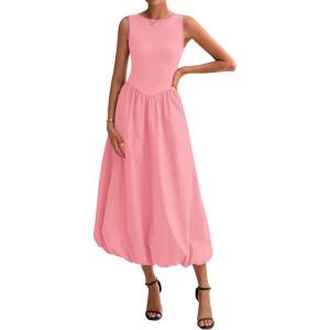 imageBTFBM Womens 2025 Summer Casual Sleeveless Midi Dress Patchwork Knit Tank Bubble Long Flowy Beach Maxi Sundress PocketsPink