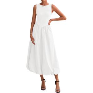 imageBTFBM Womens 2025 Summer Casual Sleeveless Midi Dress Patchwork Knit Tank Bubble Long Flowy Beach Maxi Sundress PocketsWhite