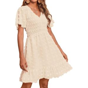 imageBTFBM Womens Beach Vacation Dress V Neck Short Sleeve Smocked Swiss Dot Casual Ruffle Mini Spring Summer Dresses 2025Apricot